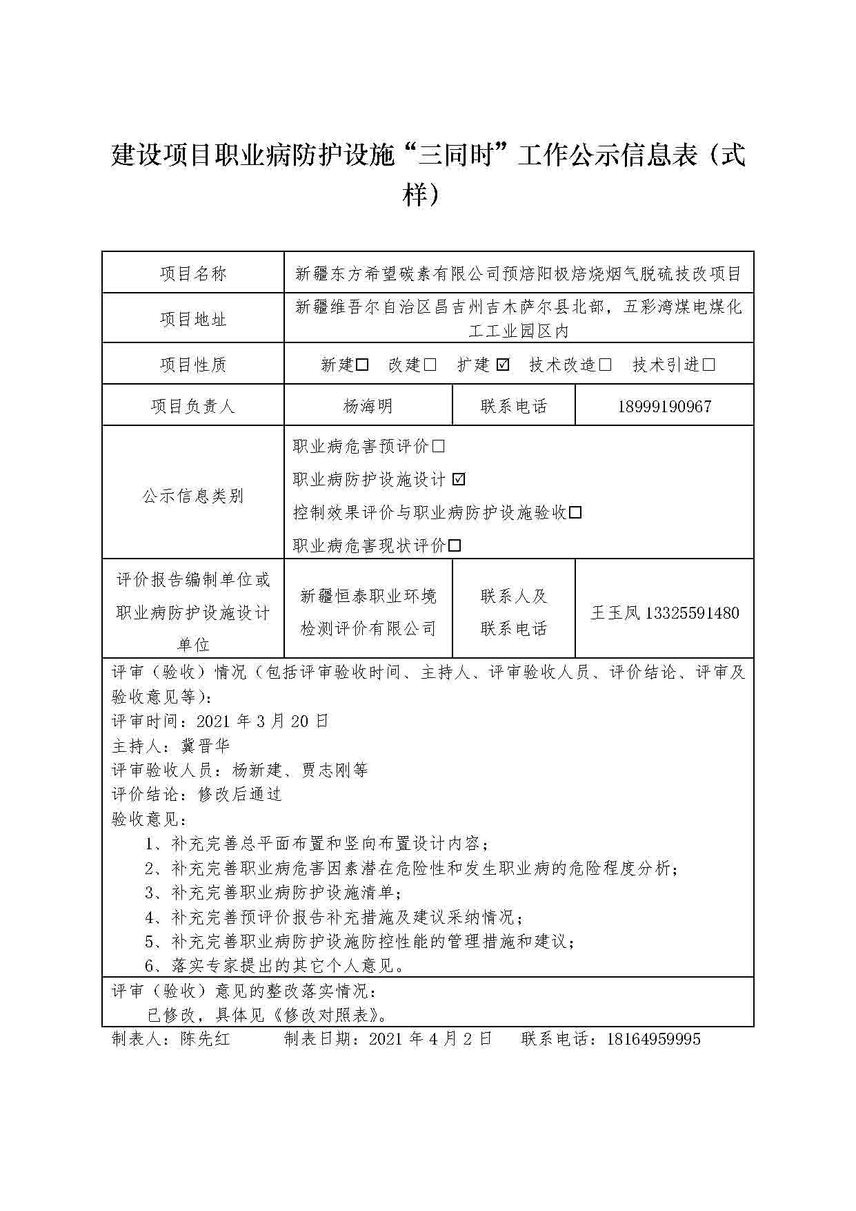 新疆東方希望碳素有限公司預焙陽極焙燒煙氣脫硫技改項目職業(yè)病防護設施設計